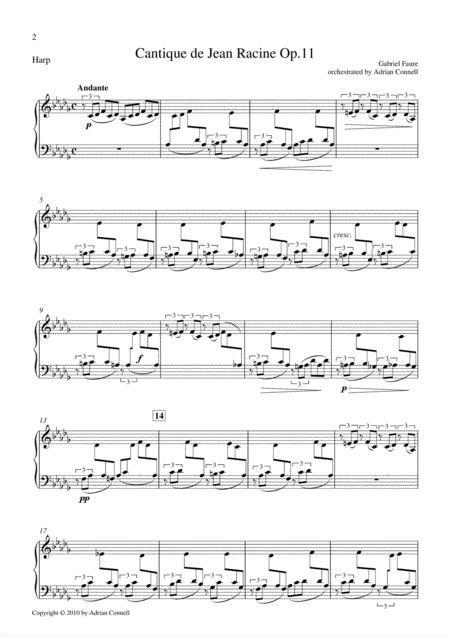 Free Sheet Music Faure Cantique De Jean Racine Orchestrated Adrian Connell Harp