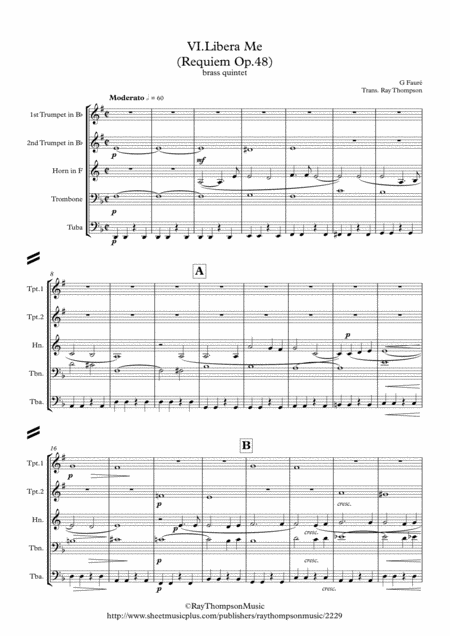 Faure Requiem Op 48 Vi Libera Me Brass Quintet Sheet Music