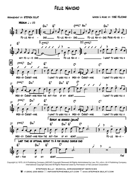 Free Sheet Music Feliz Navidad Jose Feliciano Lead Sheet Key Of C