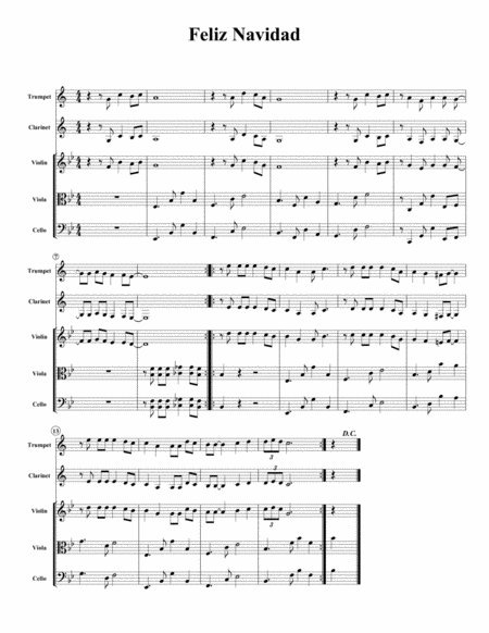 Feliz Navidad One Page Score For Clarinet Trumpet Violin Viola Cello Sheet Music