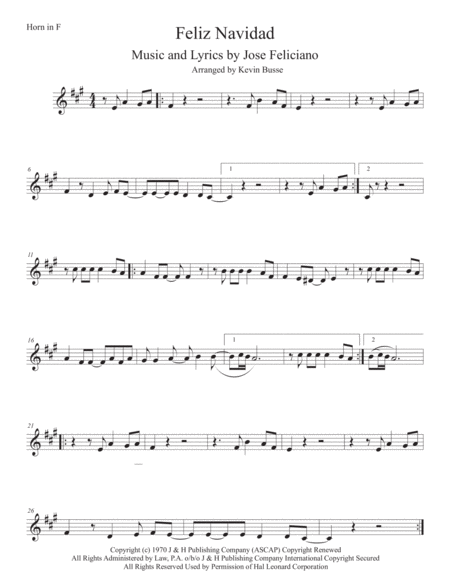 Free Sheet Music Feliz Navidad Original Key Horn In F