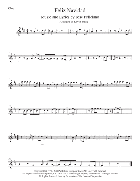 Free Sheet Music Feliz Navidad Original Key Oboe