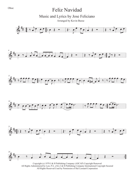 Feliz Navidad Original Key Oboe Sheet Music