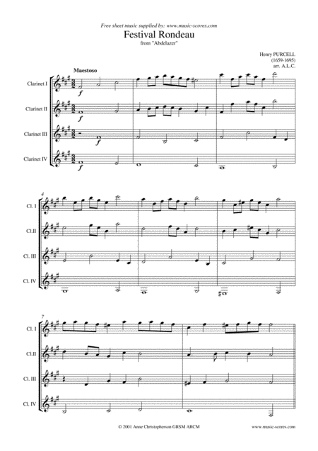 Festival Rondeau From Abdelazer Clarinet Quartet Sheet Music