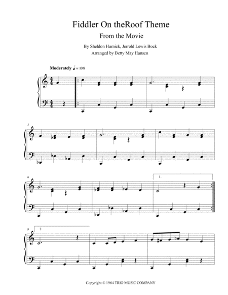 Fiddler On The Roof Easy Piano Sheet Music