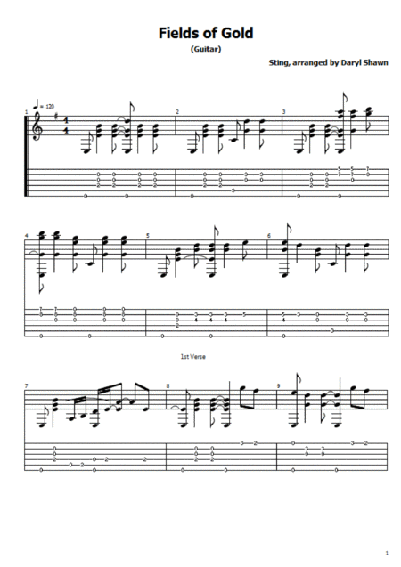 Free Sheet Music Fields Of Gold For Solo Fingerstyle Guitar