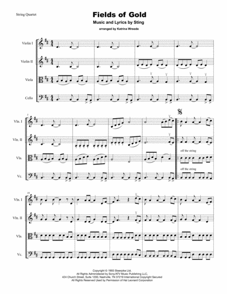 Free Sheet Music Fields Of Gold For String Quartet