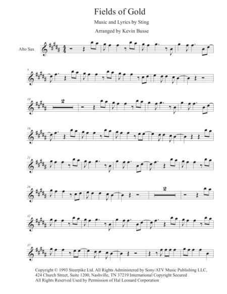 Fields Of Gold Original Key Alto Sax Sheet Music