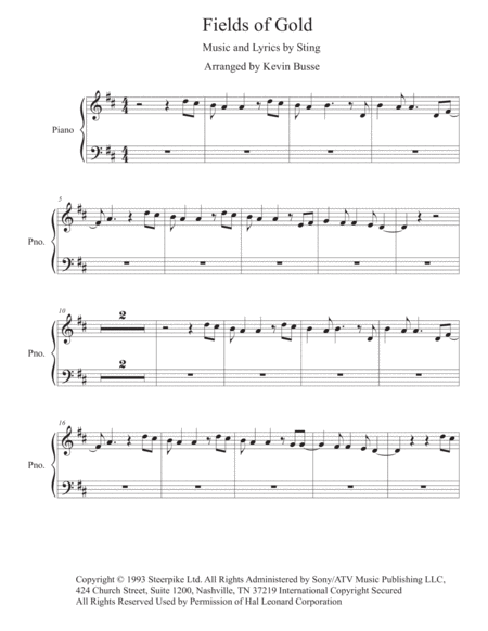 Fields Of Gold Original Key Piano Sheet Music