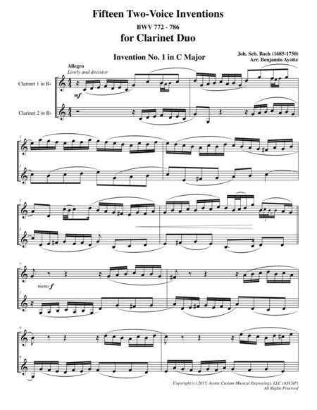 Free Sheet Music Fifteen Two Voice Inventions For Clarinet Duet