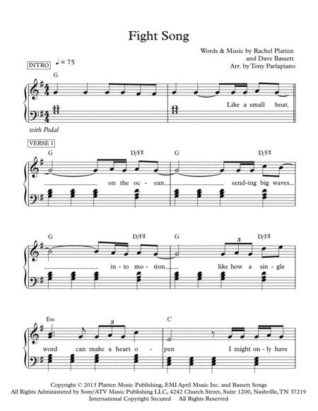 Fight Song By Rachel Platten Parlapiano Arrangement Sheet Music