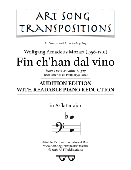 Fin Ch Han Dal Vino A Flat Major Audition Edition With Readable Piano Reduction Sheet Music