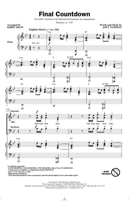 Free Sheet Music Final Countdown Arr Kirby Shaw