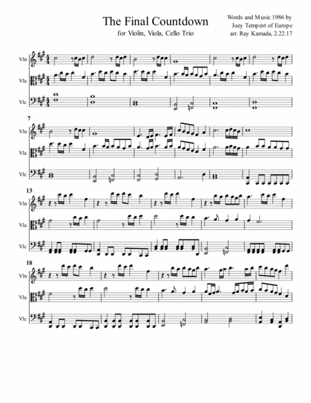 Final Countdown For Violin Viola Cello Trio Sheet Music