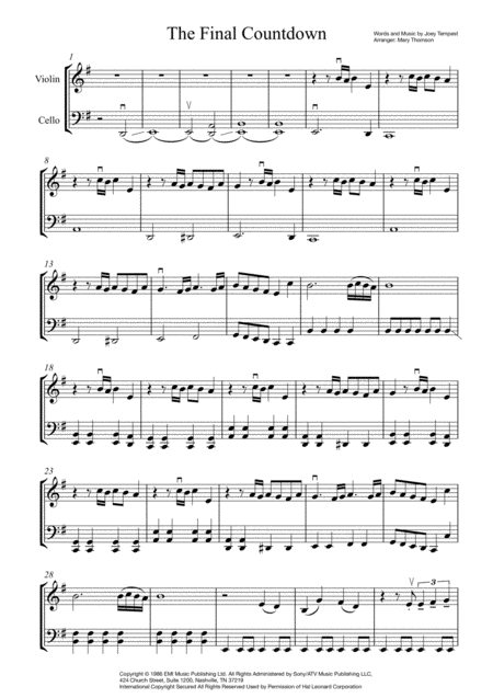 Final Countdown Violin And Cello Duet Sheet Music