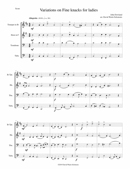 Free Sheet Music Fine Knacks For Ladies With Variations For Brass Quartet