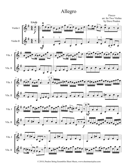 Fiocco Allegro For Two Violins Sheet Music