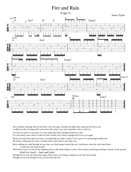 Fire And Rain James Tayler Fingerstyle Guitar Sheet Music