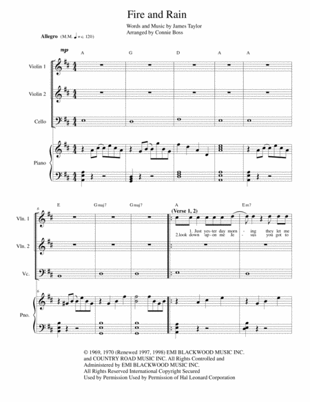 Free Sheet Music Fire And Rain Strings And Piano