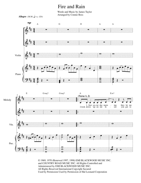 Fire And Rain With Vocal Duet Violin And Piano Sheet Music