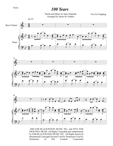 Free Sheet Music Five For Fighting 100 Years For Bass Clarinet Piano