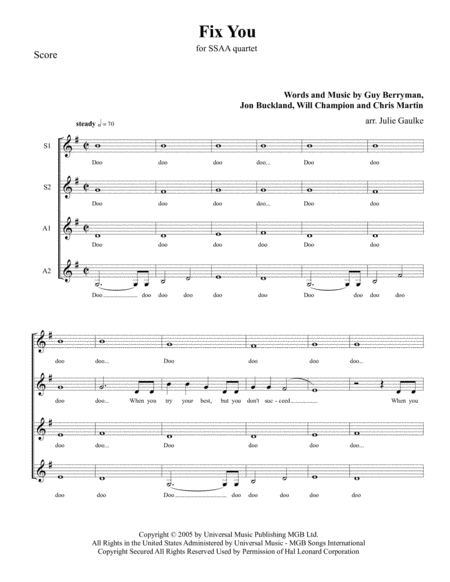 Fix You Coldplay For Ssaa Quartet Key Of G Sheet Music