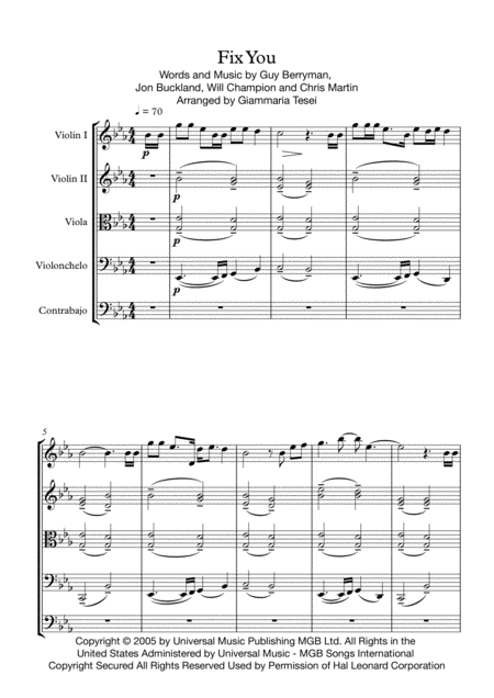 Fix You For String Orchestra Or Quintet Sheet Music