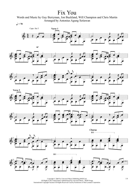 Fix You Solo Guitar Score Sheet Music