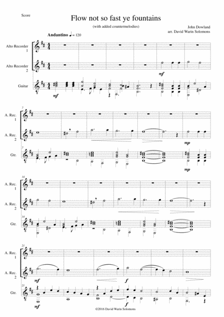 Flow Not So Fast Ye Fountains For 2 Alto Recorders And Guitar Sheet Music