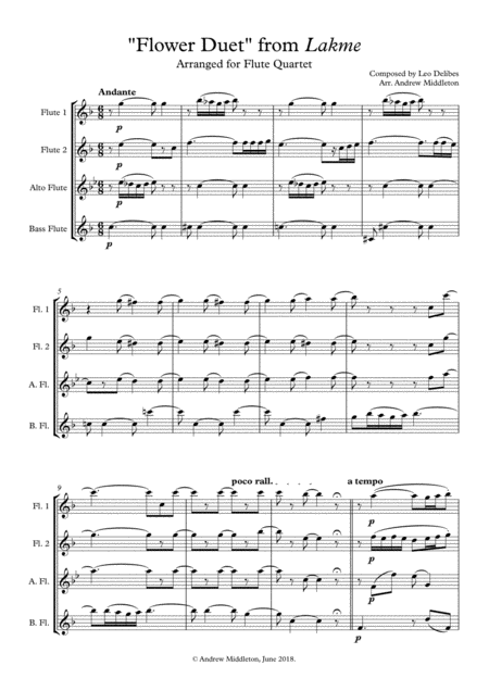 Flower Duet From Lake For Flute Quartet Sheet Music