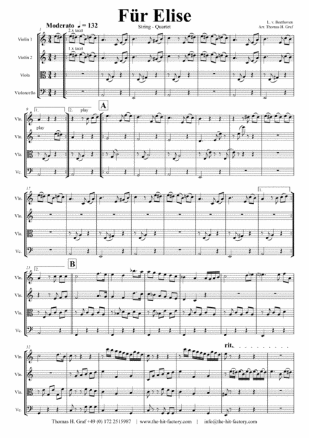 For Elise Ludwig Van Beethoven String Quartet Sheet Music