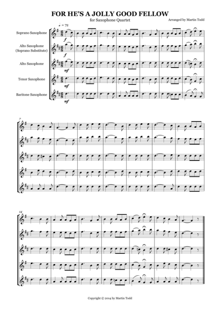 Free Sheet Music For Hes A Jolly Good Fellow For Saxophone Quartet