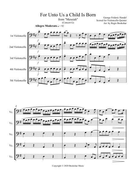 For Unto Us A Child Is Born From Messiah G Violoncello Quintet Sheet Music