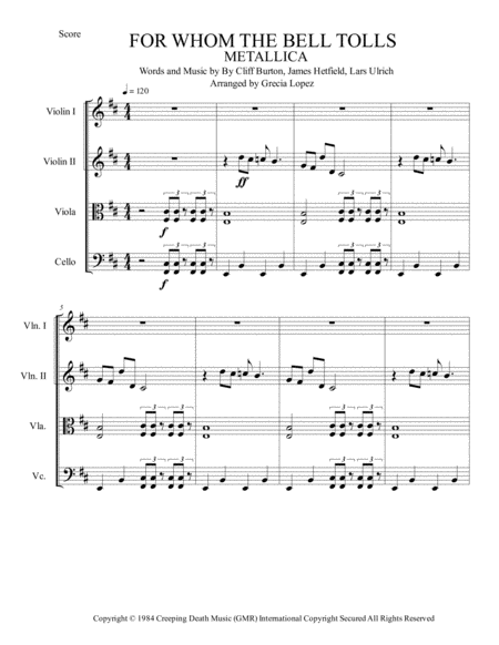 For Whom The Bell Tolls Metallica For Strings Quartet Sheet Music