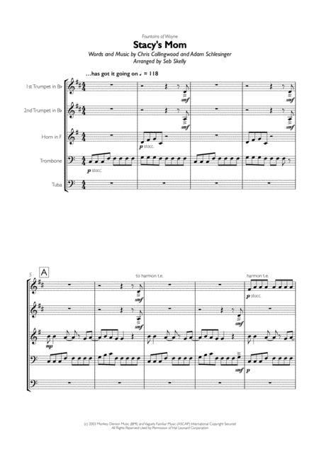 Fountains Of Wayne Stacys Mom For Brass Quintet Sheet Music