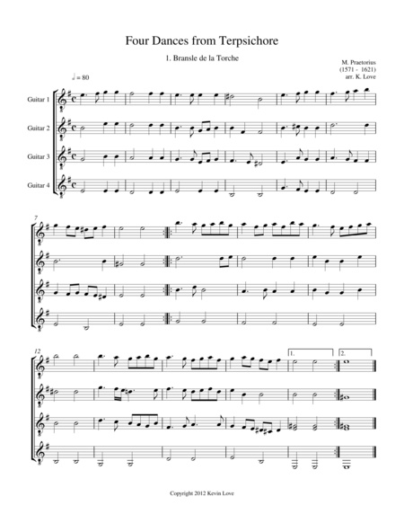 Four Dances From Terpsichore Guitar Quartet Score And Parts Sheet Music