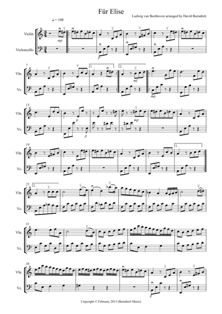 Fr Elise For Violin And Cello Duet Sheet Music