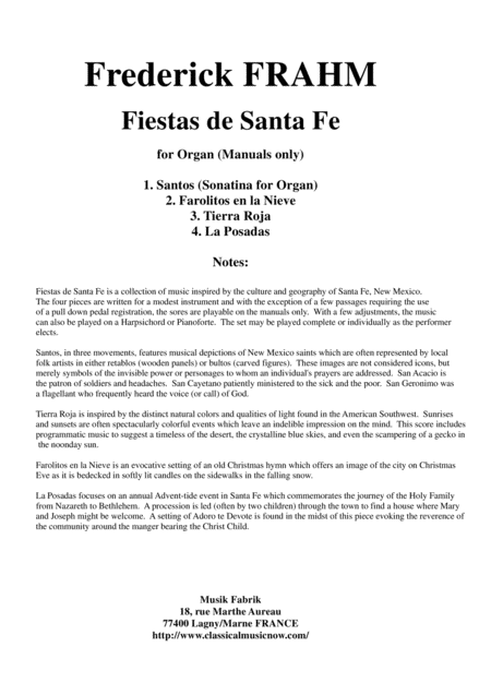 Frederick Frahm Fiestas De Santa Fe For Organ Manuals Only Or Piano Or Harpsichord Sheet Music