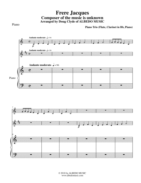 Free Sheet Music Frere Jacques For Flute Clarinet Piano