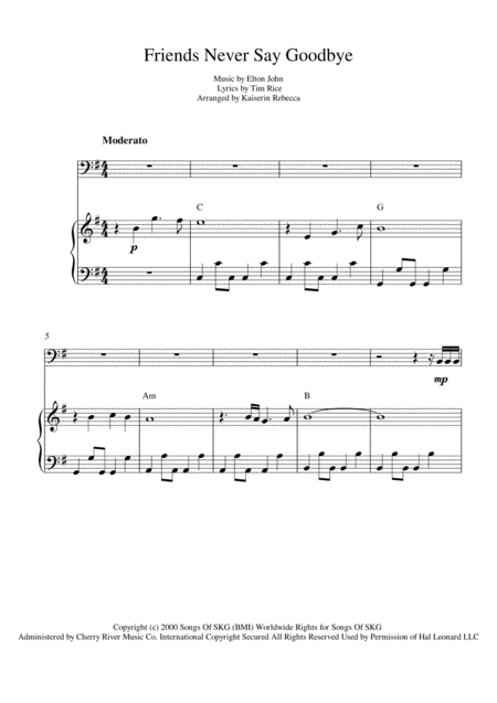 Friends Never Say Goodbye From The Road To El Dorado Sheet Music