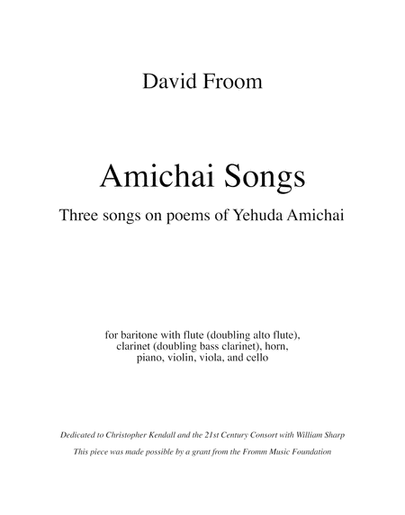 Froom Amichai Songs Baritone And Mixed Ensemble Sheet Music