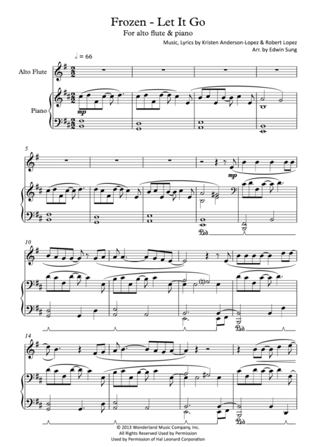 Free Sheet Music Frozen Let It Go For Alto Flute Piano Including Part Score