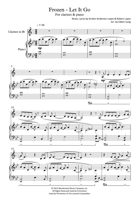 Frozen Let It Go For Clarinet Piano Including Part Score Sheet Music