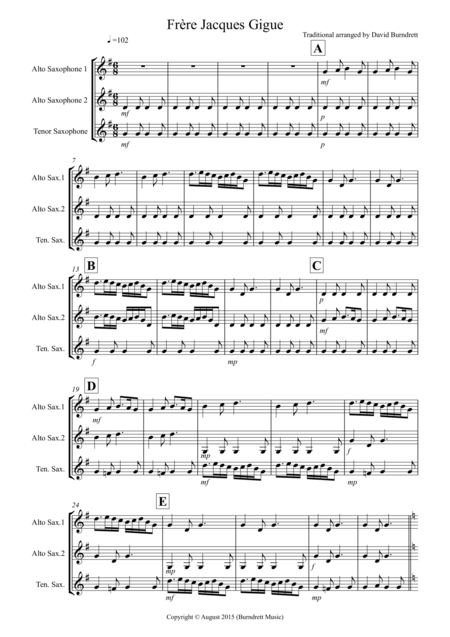 Free Sheet Music Frre Jacques Gigue For Saxophone Trio
