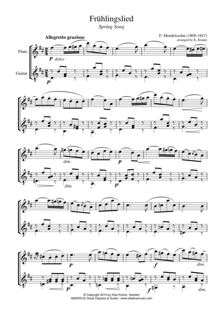 Free Sheet Music Fruhlingslied Spring Song For Flute And Guitar