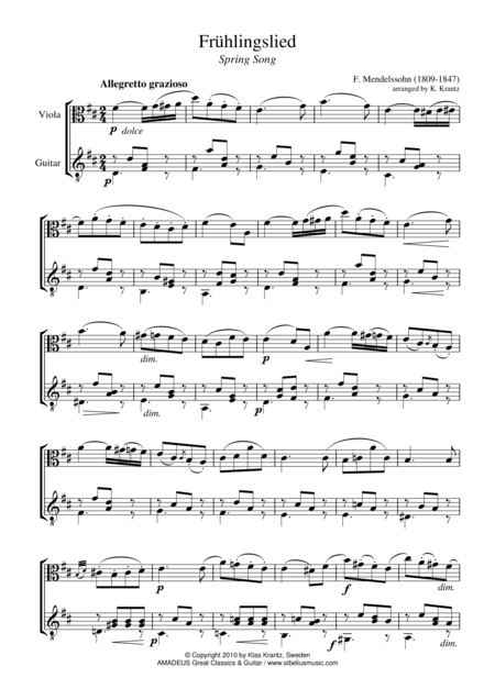 Fruhlingslied Spring Song For Viola And Guitar Sheet Music