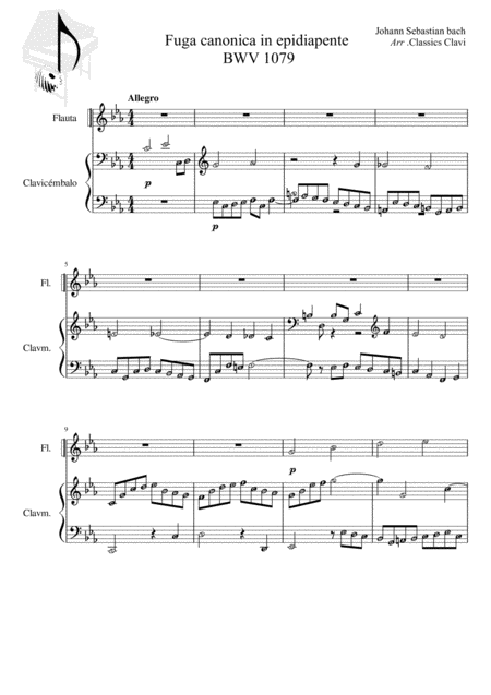 Fuga Canonica In Epidiapente Bwv 1079 For Flute And Harpsichord Sheet Music