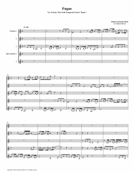 Fugue 16 From Well Tempered Clavier Book 1 Clarinet Quintet Sheet Music