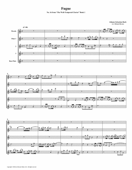 Fugue 16 From Well Tempered Clavier Book 1 Flute Quintet Sheet Music