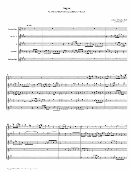 Fugue 18 From Well Tempered Clavier Book 1 Saxophone Quintet Sheet Music